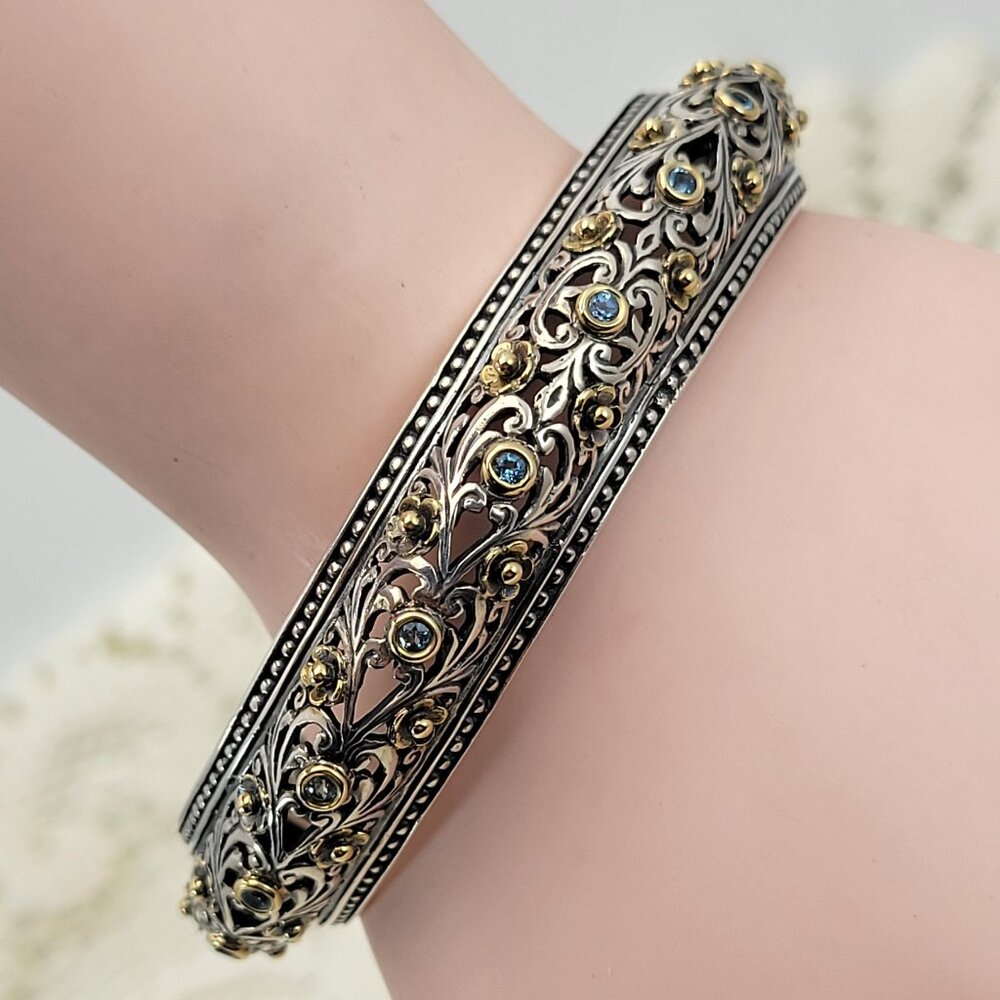 Konstantino Beautiful Sterling 18K Blue Spinel Filigree Scrollwork Cuff Bracelet